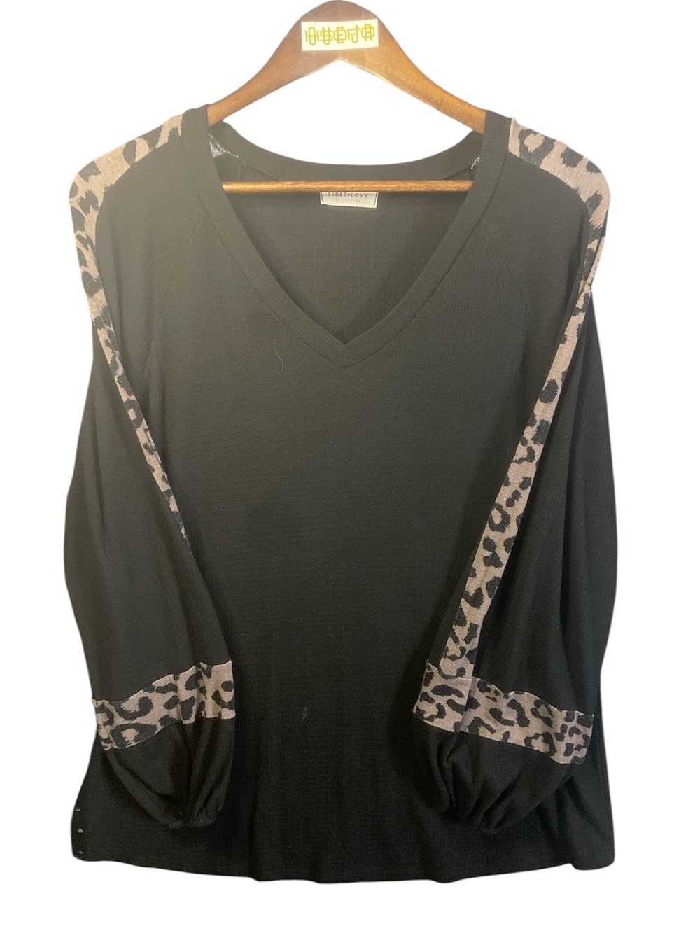 First Love Black V-Neck Women's Top with Leopard Trim | XL
